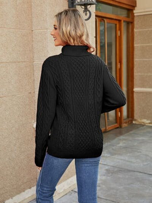 Model showcasing a black cable-knit mock neck sweater from the back, paired with blue jeans.