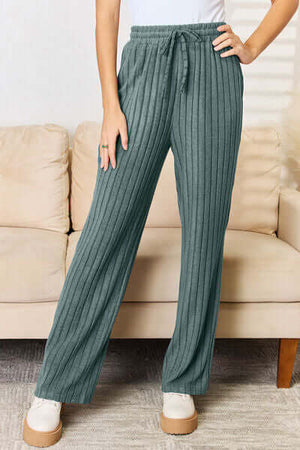 Cozy ribbed pants set in teal, featuring a drawstring waist, perfect for lounging or casual outings.