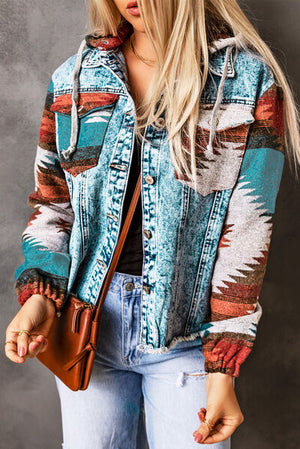 Colorful drawstring hooded pocketed denim jacket styled with light jeans and a handbag.