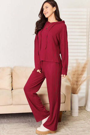 Basic Bae ribbed hood top and pants set in cozy burgundy, perfect for casual chic style and comfort.