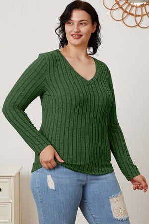 Basic Bae Full Size Ribbed V-Neck Long Sleeve T-Shirt in green, featuring a stretchy fit and flattering long sleeves.