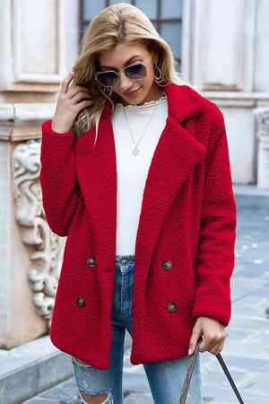 Casual red lapel collar sherpa coat with double-breasted design, perfect for urban style and comfort.