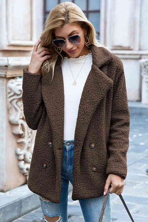 Casual full size lapel collar sherpa coat in brown, featuring double-breasted design and long sleeves.