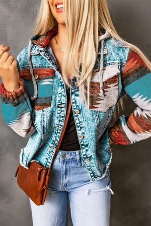Stylish drawstring hooded pocketed denim jacket with tribal patterns, perfect for casual outfits.