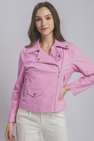 Model wearing a stylish pink LOVE TREE collared neck zip-up jacket, perfect for versatile layering and transitional seasons.