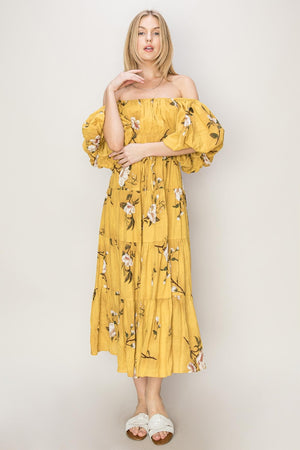 HYFVE Floral Puff Sleeve Tiered Dress in yellow with floral print, perfect for special occasions or casual wear.