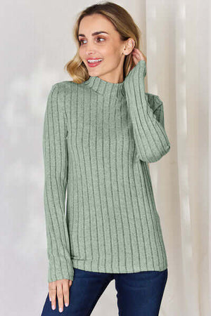Light green ribbed mock neck long sleeve t-shirt perfect for layering and casual outings.