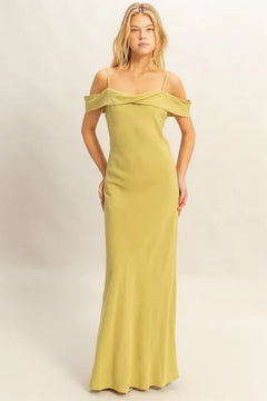 Model wearing the HYFVE Flattering Fit Cami Maxi Dress in a chic off-shoulder style and elegant maxi length.