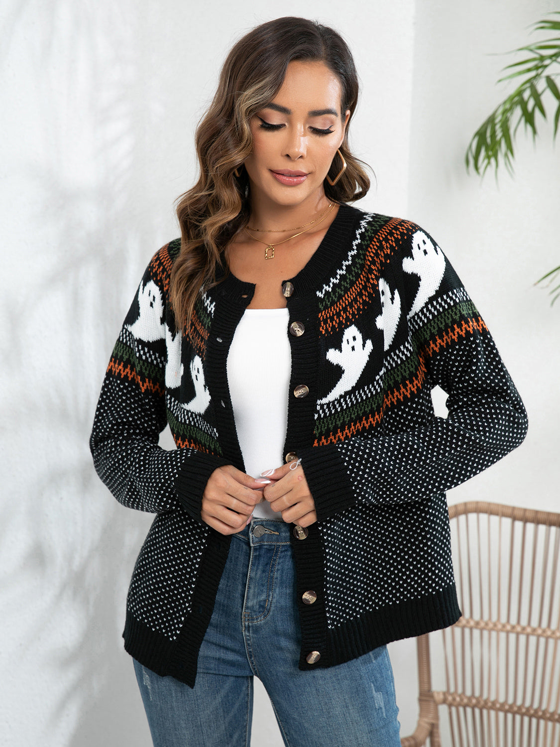 Ghost Button Up Long Sleeve Cardigan featuring playful ghost patterns and a cozy fit, perfect for fall layering.