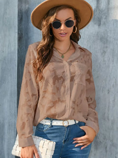 Full Size Collared Neck Long Sleeve Shirt Plus Size worn with denim and accessories, showcasing its semi-sheer material.
