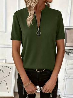 Half Zip Short Sleeve Top in dark green, featuring ribbed texture and zipper detail, perfect for casual summer wear.