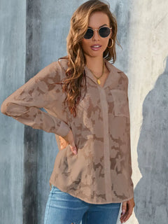 Full Size Collared Neck Long Sleeve Shirt Plus Size in sheer brown camo with pocket, perfect for casual wear.