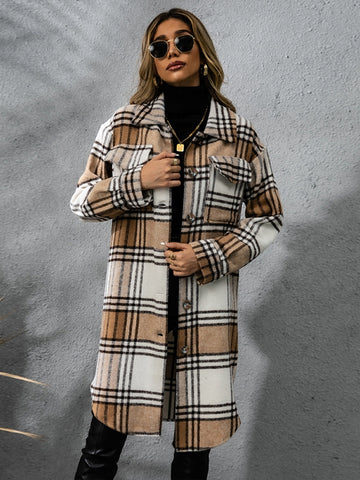 Women's plaid collared neck long sleeve coat