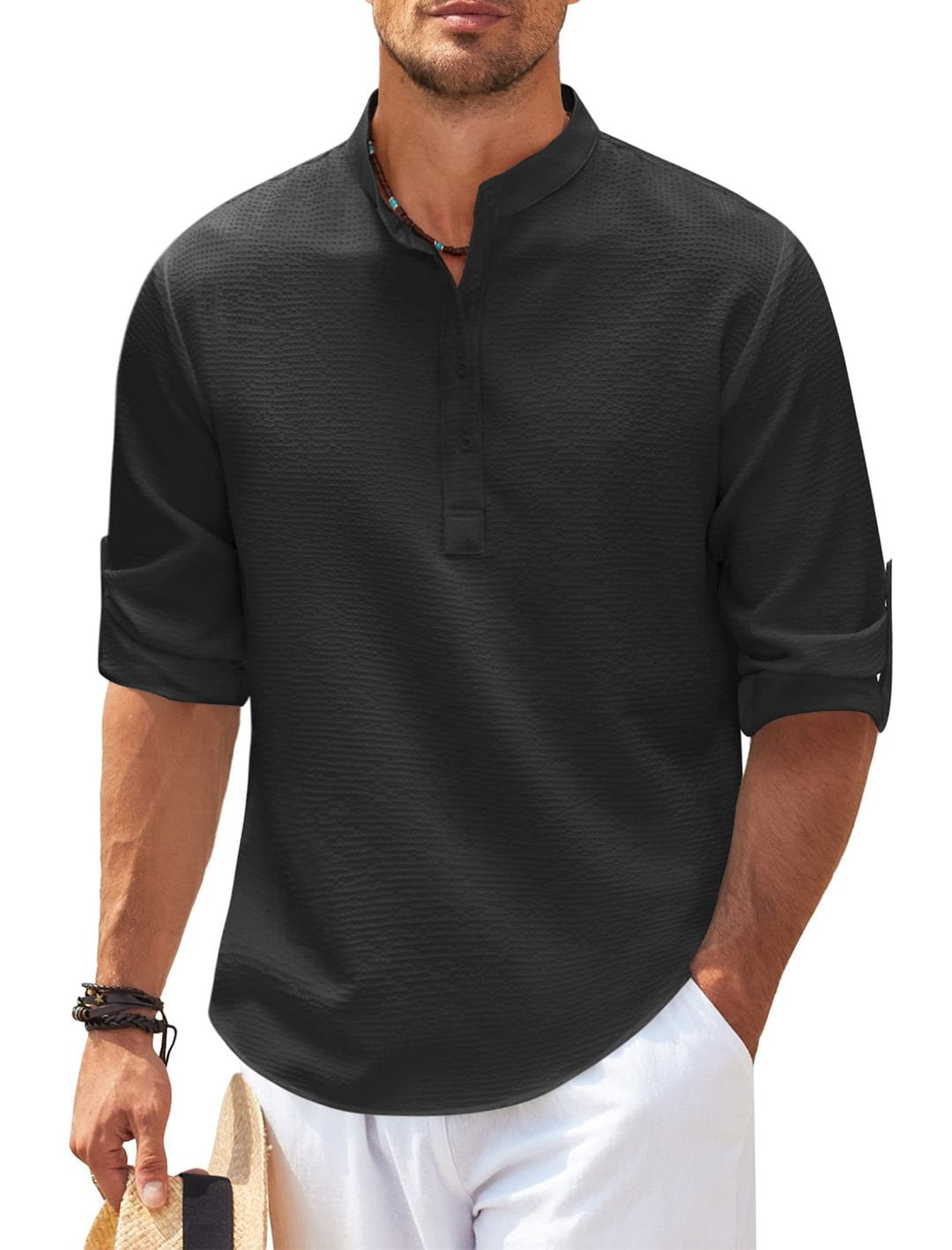 Long Sleeve Stand Collar Solid Color Shirt