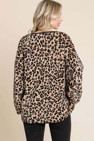 Back view of a stylish leopard faux fur round neck top, showcasing its trendy design and cozy texture.