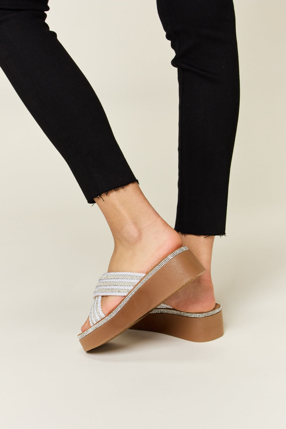 Forever Link rhinestone platform wedge sandals showcasing elegant design and comfort, perfect for all-day wear.