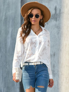 Full Size Collared Neck Long Sleeve Shirt Plus Size, stylish sheer design, perfect for casual wear.