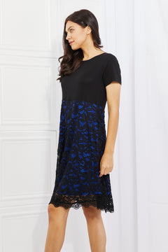 Yelete Full Size Contrasting Lace Midi Dress in black and blue, soft fabric with short sleeves and elegant lace overlay.