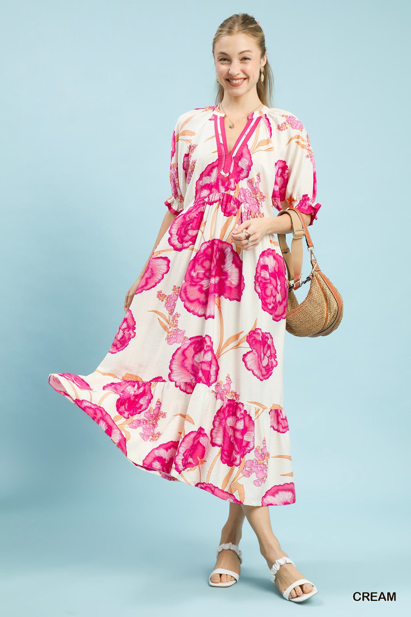 Umgee Floral Print Midi Dress with Contrast Trim in cream with floral design and modern style.