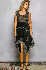 POL Texture Lace Ruffled Sleeveless Dress in black with unique weaving details and delicate lace ruffles.