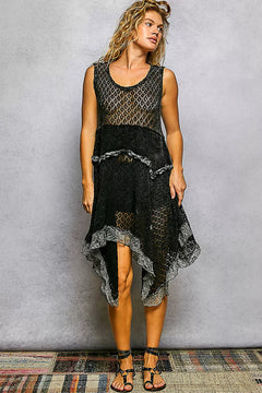 POL Texture Lace Ruffled Sleeveless Dress in black with unique weaving details and delicate lace ruffles.