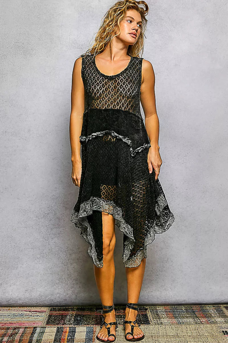 POL Texture Lace Ruffled Sleeveless Dress in black with unique weaving details and delicate lace ruffles.