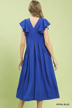Umgee Ruffle Sleeve V-Neck Midi Dress in royal blue, showcasing elegant ruffle sleeves and a flattering midi length.