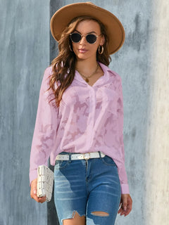 Full Size Collared Neck Long Sleeve Shirt Plus Size in light pink worn with jeans and a hat, perfect for casual outings.