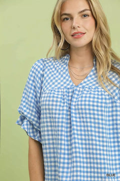Umgee Gingham Check Blouse with Ruffle Sleeves featuring a blue gingham pattern and romantic ruffle sleeves.