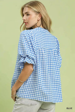 Umgee Gingham Check Blouse with Ruffle Sleeves in blue with ruffle sleeve details and relaxed fit.