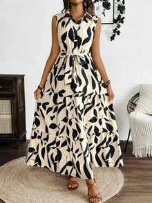 Printed Tie Waist Sleeveless Maxi Dress