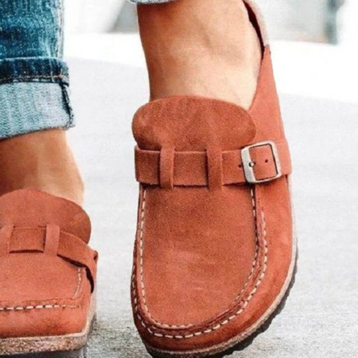 Round toe low heel buckle loafers in rust color, showcasing a casual style perfect for everyday wear.
