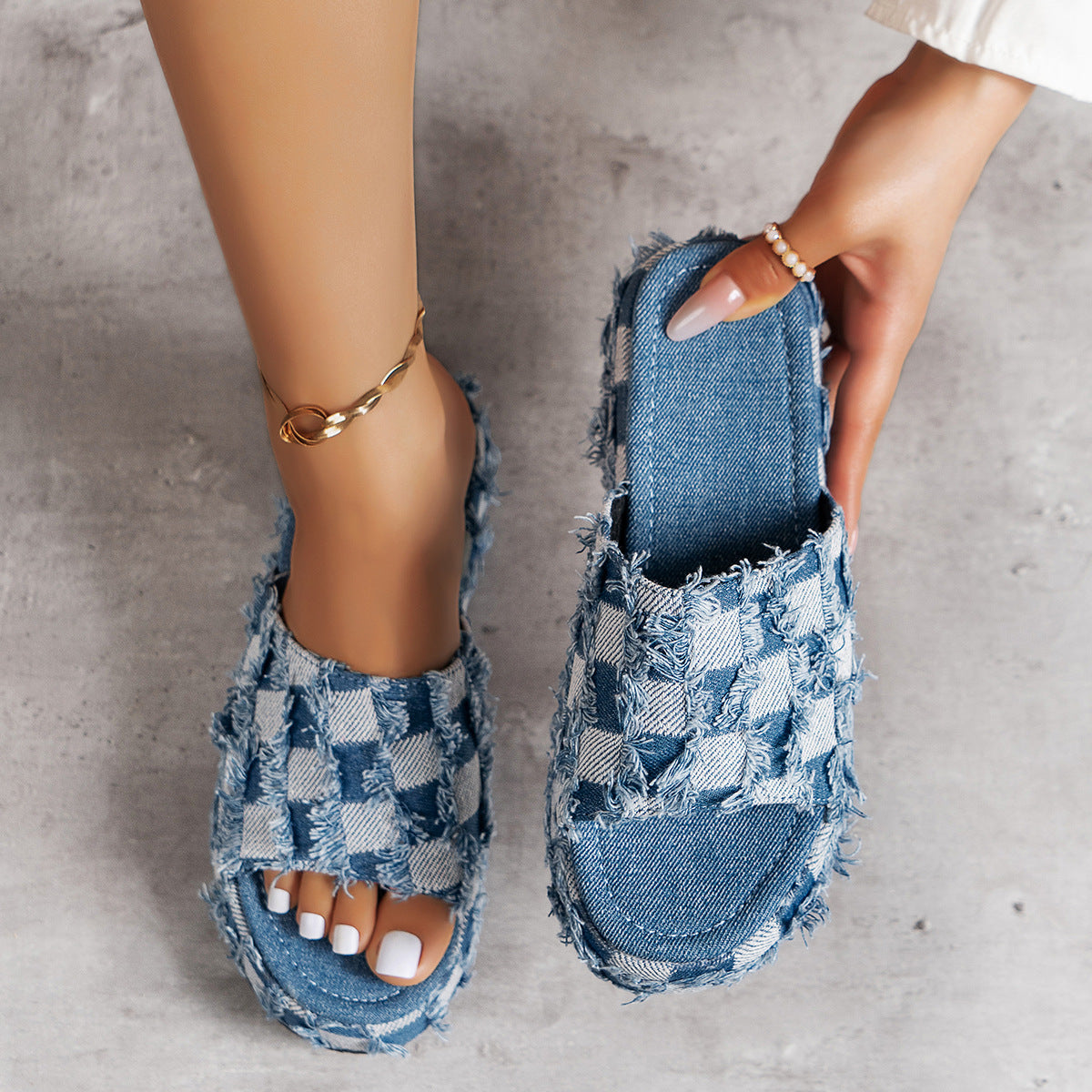 Plaid platform sandals in denim style, featuring a trendy check pattern and comfortable design for stylish summer wear.
