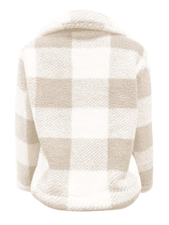 Back view of cozy full size plaid zip up long sleeve jacket in beige and white, perfect for casual outings.