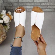 White PU leather open toe sandals, stylish low heels, perfect for summer casual wear.