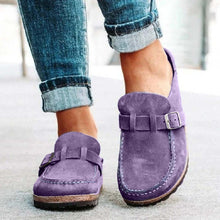 Purple round toe low heel buckle loafers perfect for casual outings, featuring a comfortable fit and trendy design.