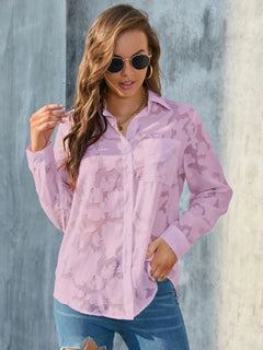 Full Size Collared Neck Long Sleeve Shirt Plus Size in pink sheer fabric, featuring a pocket and stylish design.