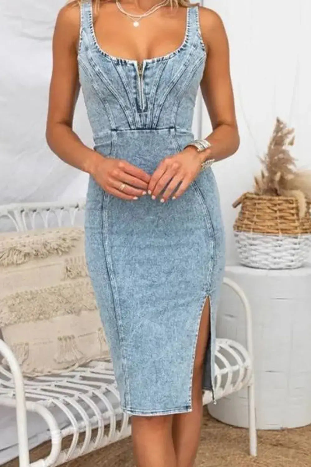 Side slit washed scoop neck denim dress for women, stylish and fitted, perfect for casual outings.