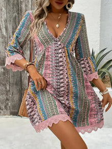 Lace Trim Printed V-Neck 3/4 Sleeve Dress