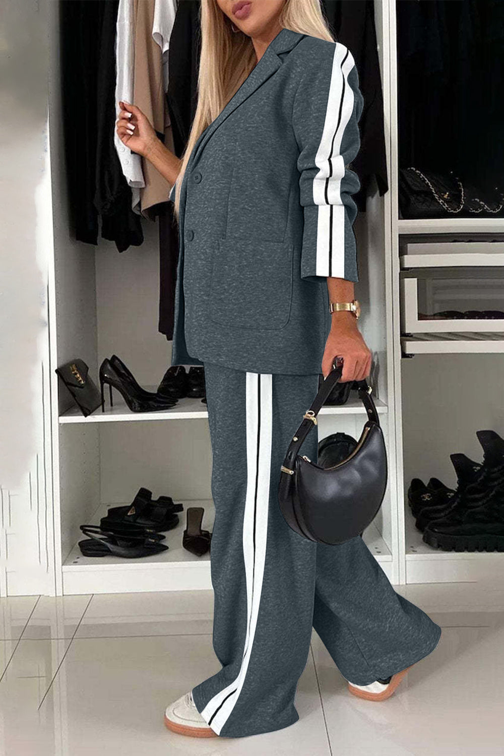 Fashionable full size contrast lapel collar top and pants set in grey with white stripes.