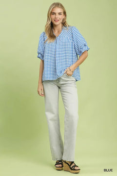 Umgee Gingham Check Blouse with Ruffle Sleeves in blue, model wearing relaxed fit with ruffle sleeves.