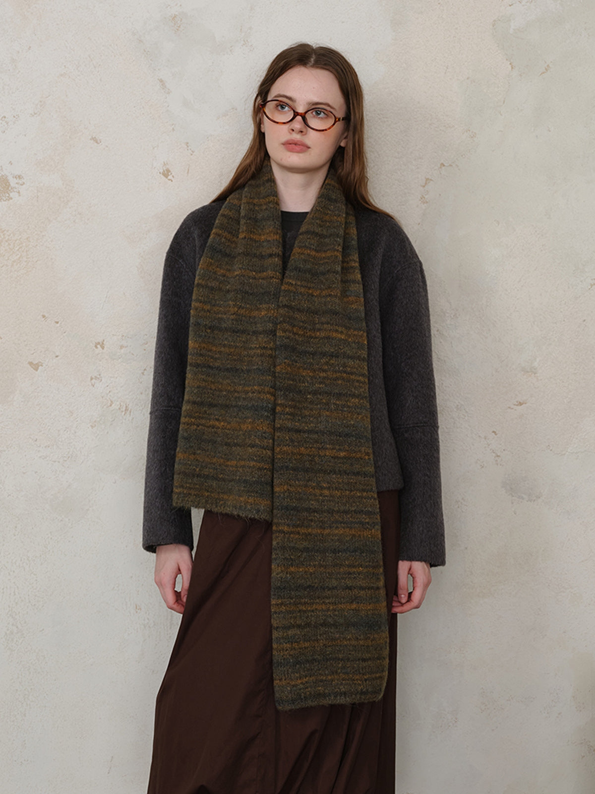 Striped Detail Knit Scarf worn by model, featuring soft fur material and stylish design, perfect for colder seasons.