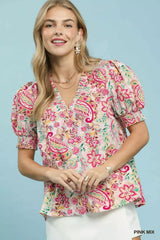 Umgee Mix Paisley Floral Button Down Shirt with vibrant print, ruffled V-neck, and puff sleeves for a stylish boho look.