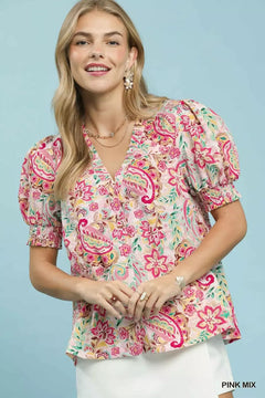 Umgee Mix Paisley Floral Button Down Shirt with vibrant print, ruffled V-neck, and puff sleeves for a stylish boho look.