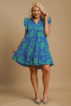 Umgee Plus Size Floral Ruffle Tiered Dress in vibrant blue and green floral print, ideal for summer occasions.