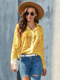 Full Size Collared Neck Long Sleeve Shirt Plus Size in yellow, worn with jeans and a hat, perfect for stylish casual outfits.