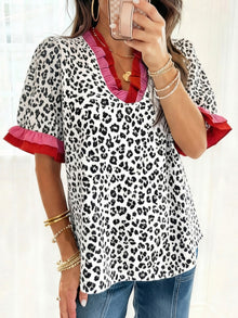 Leopard Print Frill Short Sleeve Blouse