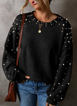 Black pearl detail round neck long sleeve sweater, slightly stretchy, perfect for casual outfits.
