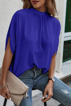 Tie Back Slit Half Sleeve Blouse in vibrant purple, featuring sheer and slightly stretchy fabric, perfect for casual wear.