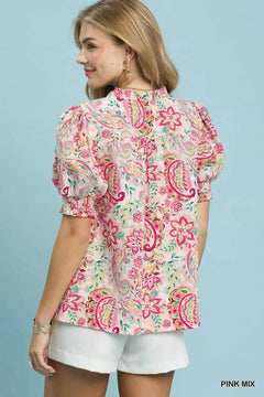 Umgee Mix Paisley Floral Button Down Shirt with ruffled V-neckline and puff sleeves in vibrant floral print.